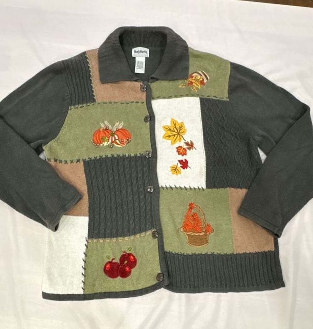 BonWorth Patchwork Cardigan Women's Large Knit Sweater Embroidered for FALL